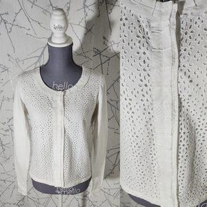 T Tahari White Eyelet Overlay Zip Front Blouse